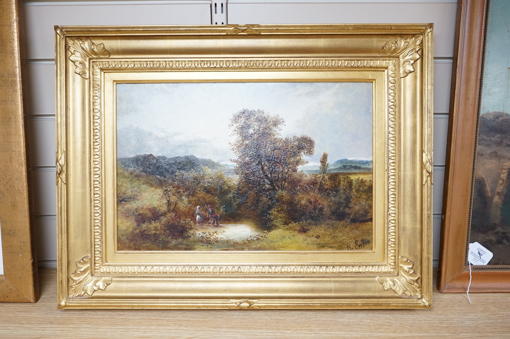 Mrs Henry M Ensor, Children playing in the water, signed, oil on board, June Elsworth paperwork verso, 29 x 44cm, ornate gilt frame